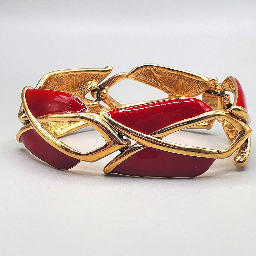 Vintage Monet  Red Enamel and Gold Link Bracelet